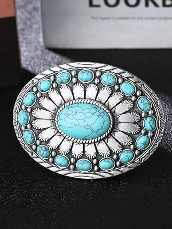 New Turquoise American Belt Buckle Men Women Western Cowboy Cowgirl Boho Oval main image 3